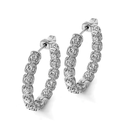 Sterling Silver Shimmer Rhodium-Plated 26 Stone 3mm Cz In And Out Round Hinged Hoop Earrings