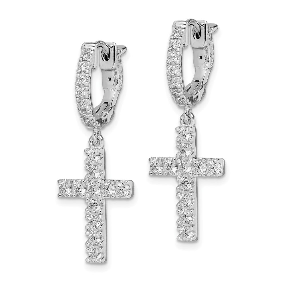 Sterling Silver Shimmer Rhodium-Plated 36 Stone Cz Cross Dangle Hinged Hoop Earrings