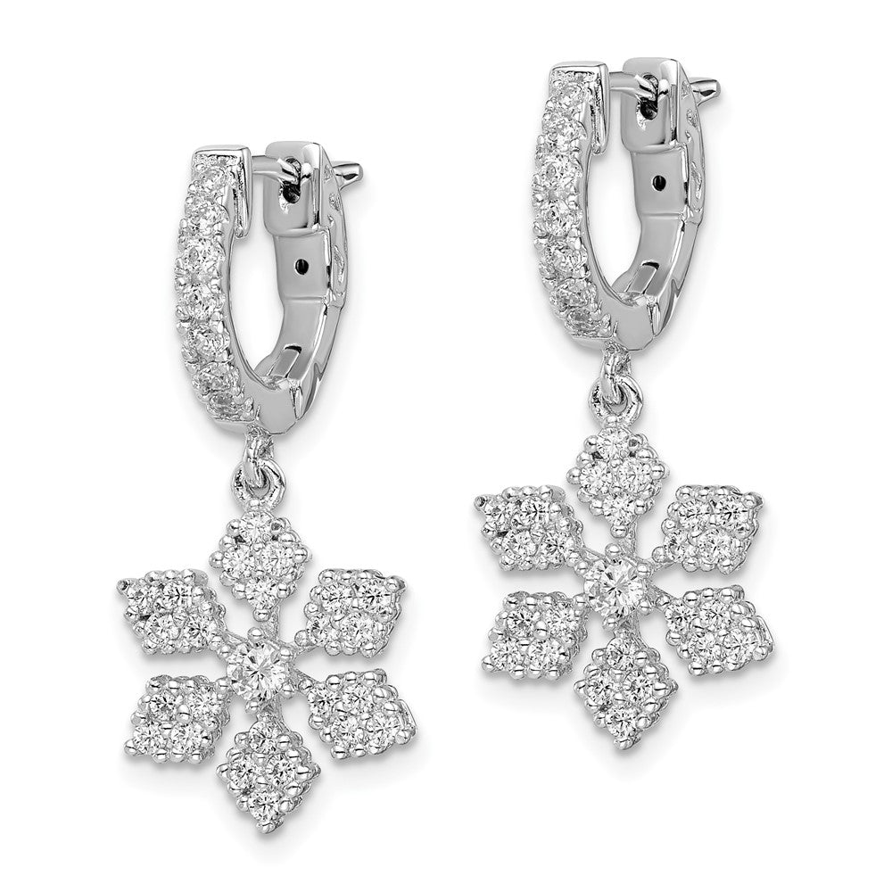 Sterling Silver Shimmer Rhodium-Plated 64 Stone Cz Snowflake Dangle Hinged Hoop Earrings