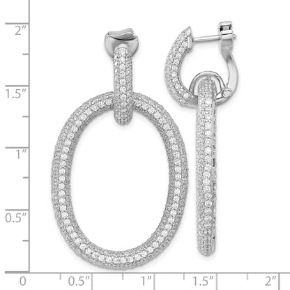 Sterling Silver Rhodium-Plated Cz Oval Hinged Hoop Dangle Earrings