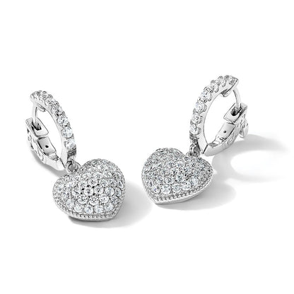 Sterling Silver Shimmer Rhodium-Plated 86 Stone Cz Pav Heart Dangle Hinged Hoop Earrings