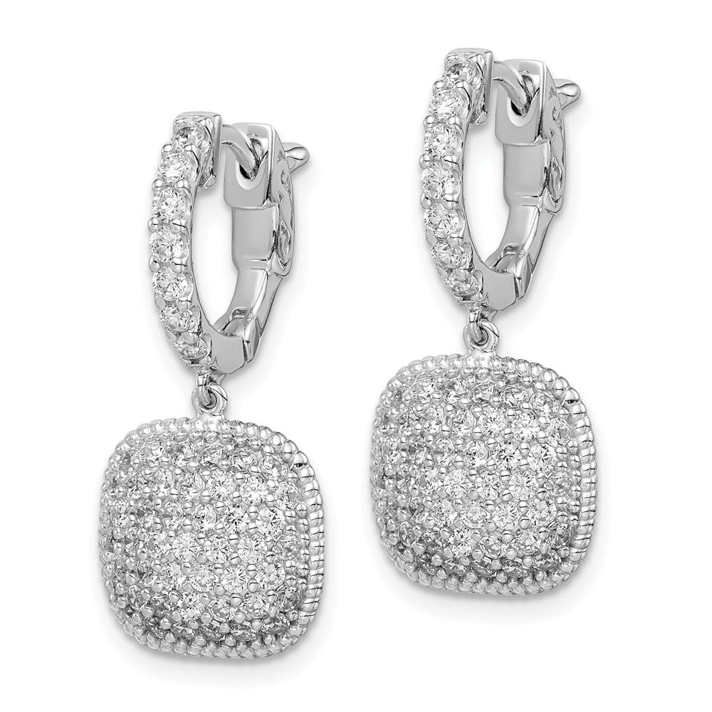Sterling Silver Shimmer Rhodium-Plated 88 Stone Cz Pav Square Dangle Hinged Hoop Earrings