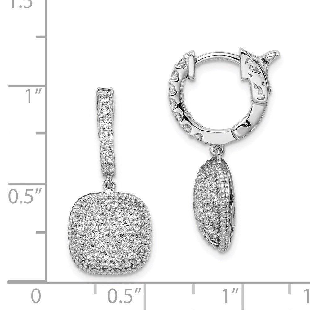 Sterling Silver Shimmer Rhodium-Plated 88 Stone Cz Pav Square Dangle Hinged Hoop Earrings