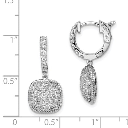 Sterling Silver Shimmer Rhodium-Plated 88 Stone Cz Pav Square Dangle Hinged Hoop Earrings
