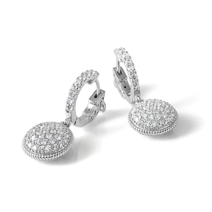 Sterling Silver Shimmer Rhodium-Plated 88 Stone Cz Pav Circle Dangle Hinged Hoop Earrings