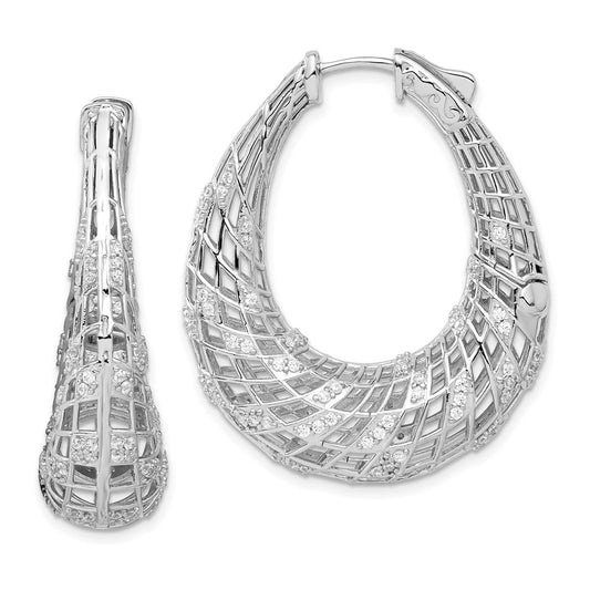 Sterling Silver Rhodium Plated Cz Oval Hinged Hoop Earrings