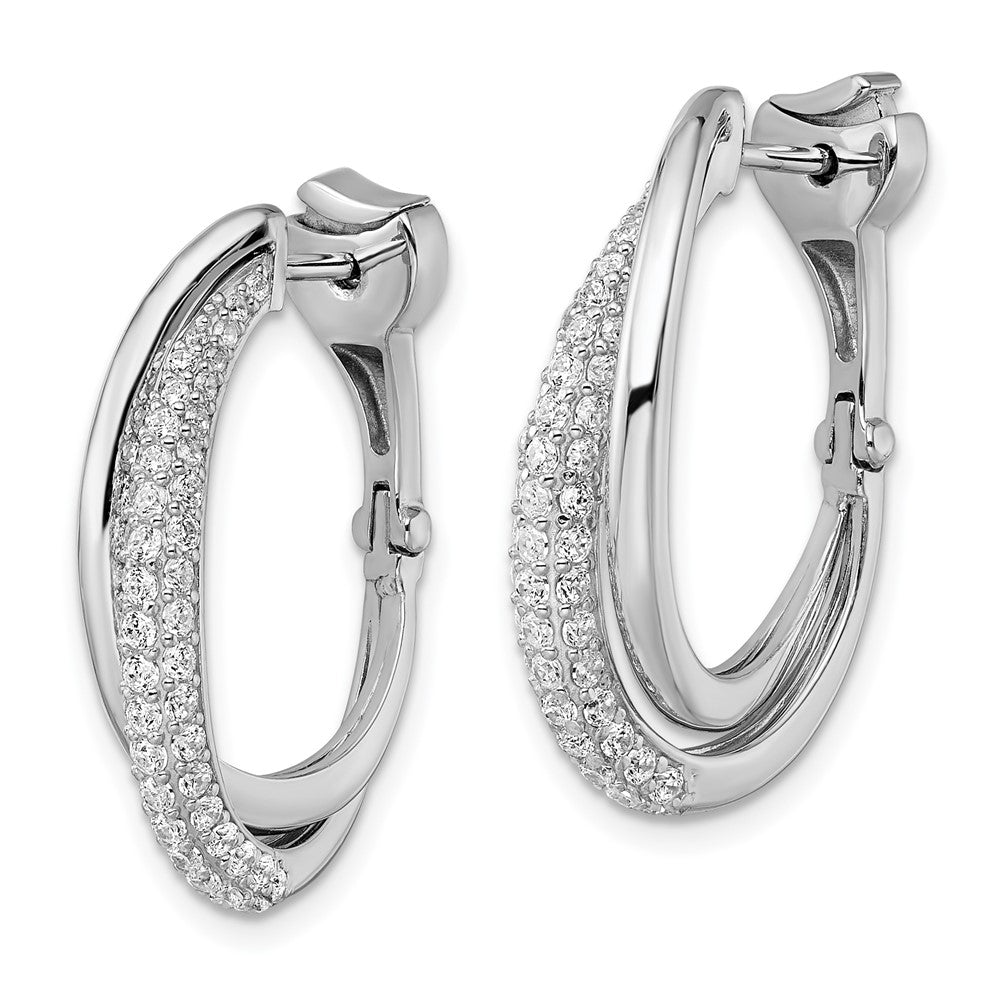Sterling Silver Shimmer Rhodium-Plated 106 Stone Pav Cz Double Twisted Oval Hinged Hoop Earrings