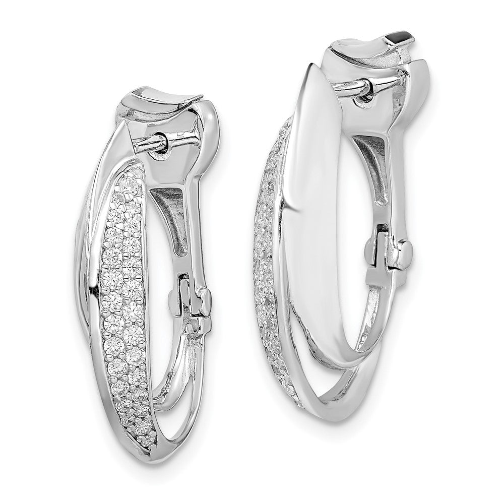 Sterling Silver Shimmer Rhodium-Plated 56 Stone Pav Cz Double Twisted Oval Hinged Hoop Earrings