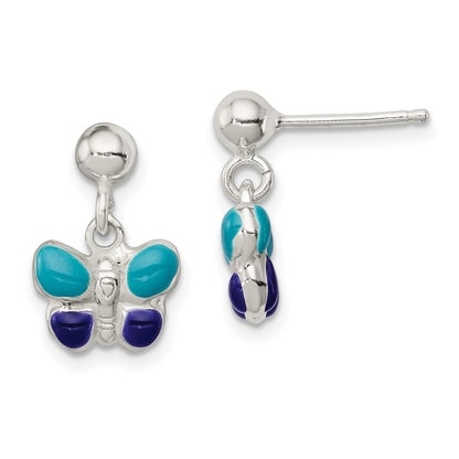 Sterling Silver Polished Blue & Purple Enameled Butterfly Children'S Post Dangle Earrings