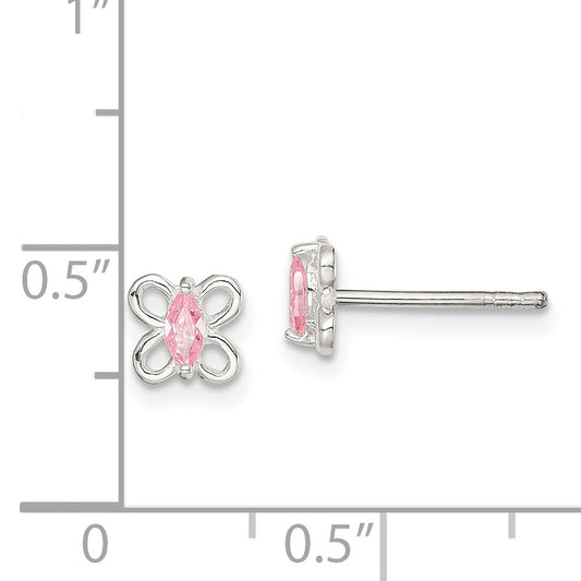 Sterling Silver Polished Pink Cz Butterfly Children'S Post Earrings