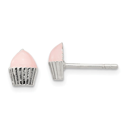 Sterling Silver Polished Pink Enameled Cupcake Children'S Post Earrings