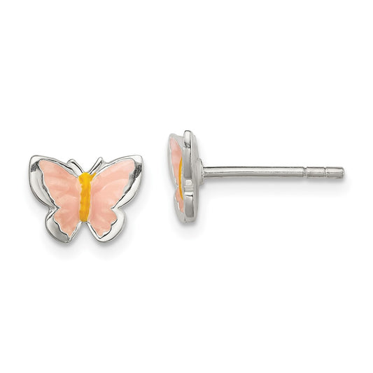 Sterling Silver Polished Pink & Orange Enameled Butterfly Children'S Post Earrings
