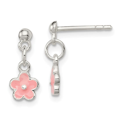 Sterling Silver Polished Pink Enameled Flower Children'S Post Dangle Earrings