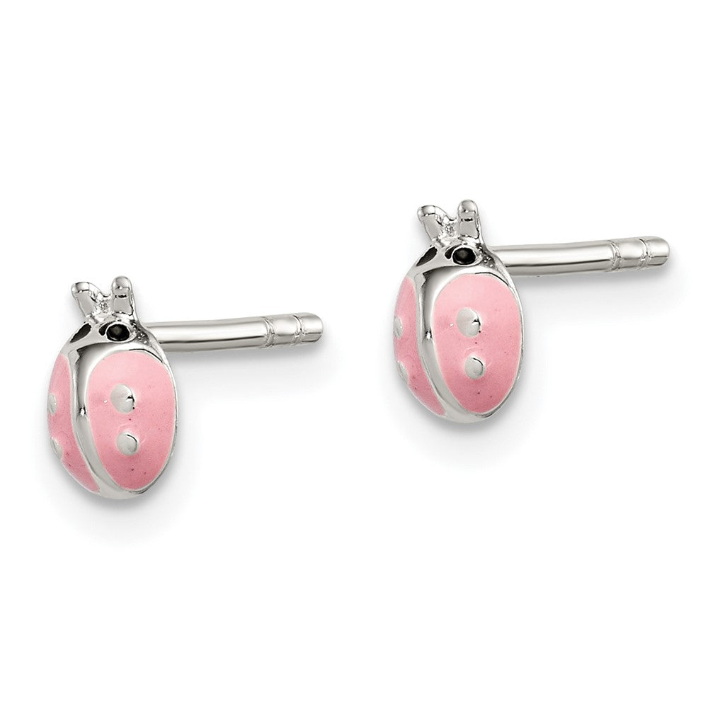 Sterling Silver Polished Pink Enamel Ladybug Children'S Post Earrings