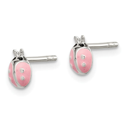 Sterling Silver Polished Pink Enamel Ladybug Children'S Post Earrings