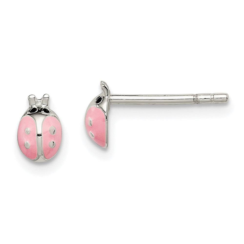 Sterling Silver Polished Pink Enamel Ladybug Children'S Post Earrings