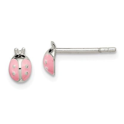 Sterling Silver Polished Pink Enamel Ladybug Children'S Post Earrings