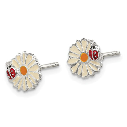 Sterling Silver Polished & Multi-Color Enameled Flower Ladybug Children'S Post Earrings