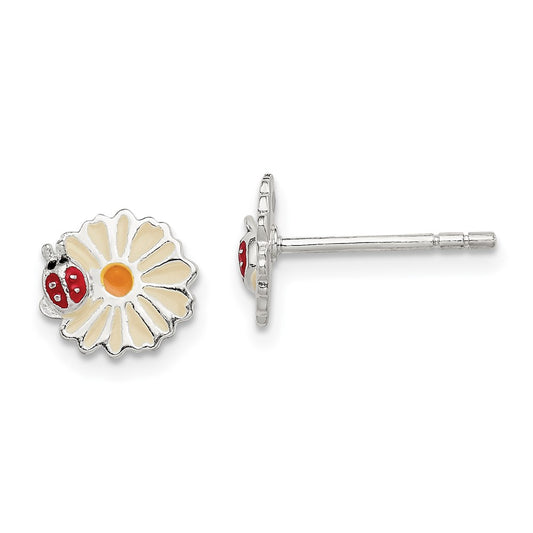 Sterling Silver Polished & Multi-Color Enameled Flower Ladybug Children'S Post Earrings