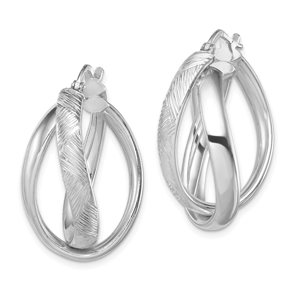 Sterling Silver Rhodium-Plated Textured & Twisted Oval Hoop Earrings