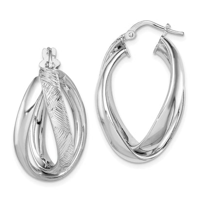 Sterling Silver Rhodium-Plated Textured & Twisted Oval Hoop Earrings