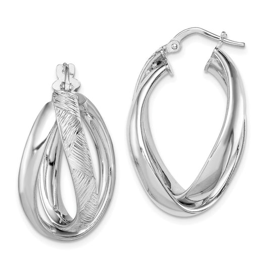Sterling Silver Rhodium-Plated Textured & Twisted Oval Hoop Earrings