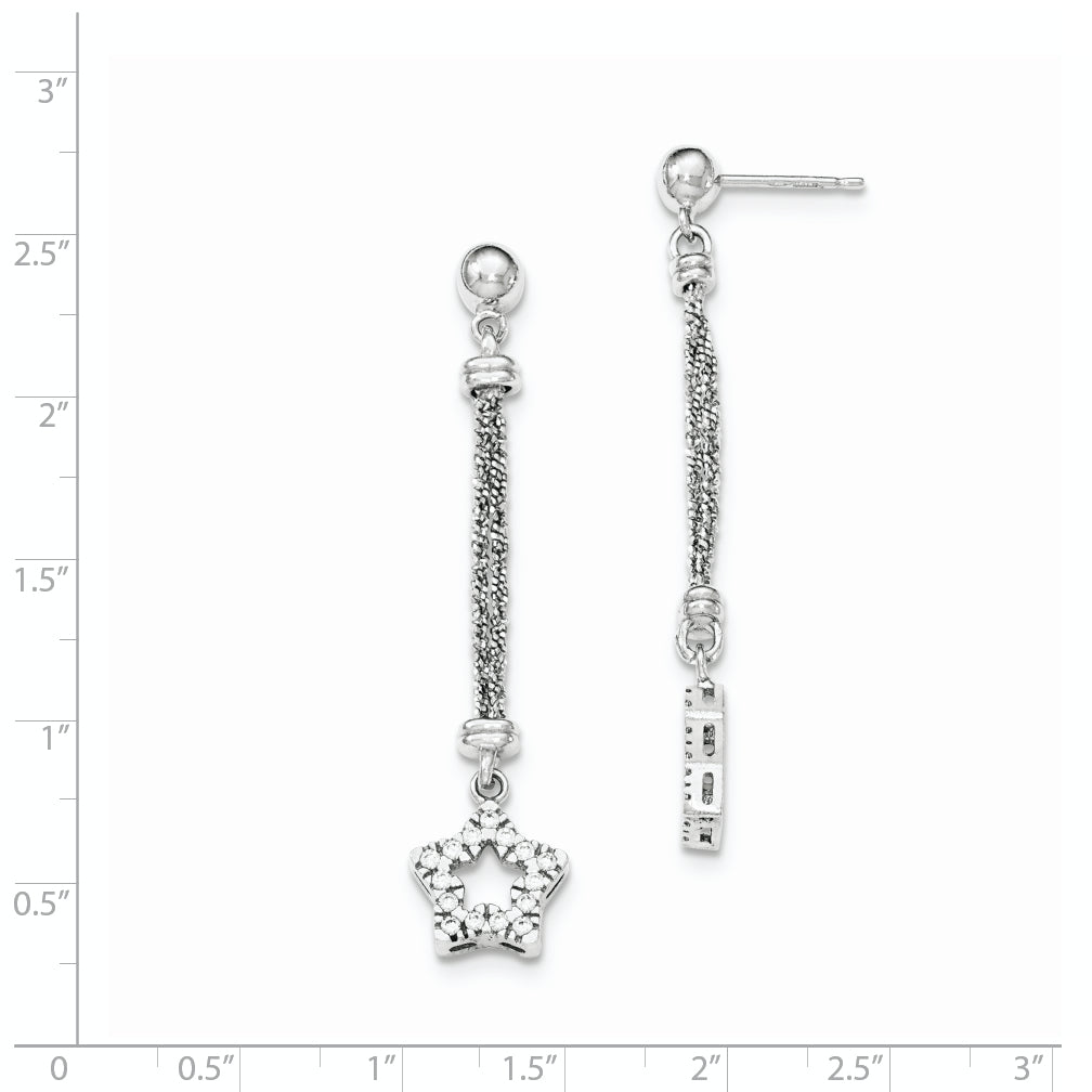 Sterling Silver Cz Star 2 Strand Diamond Cut Post Dangle Earrings