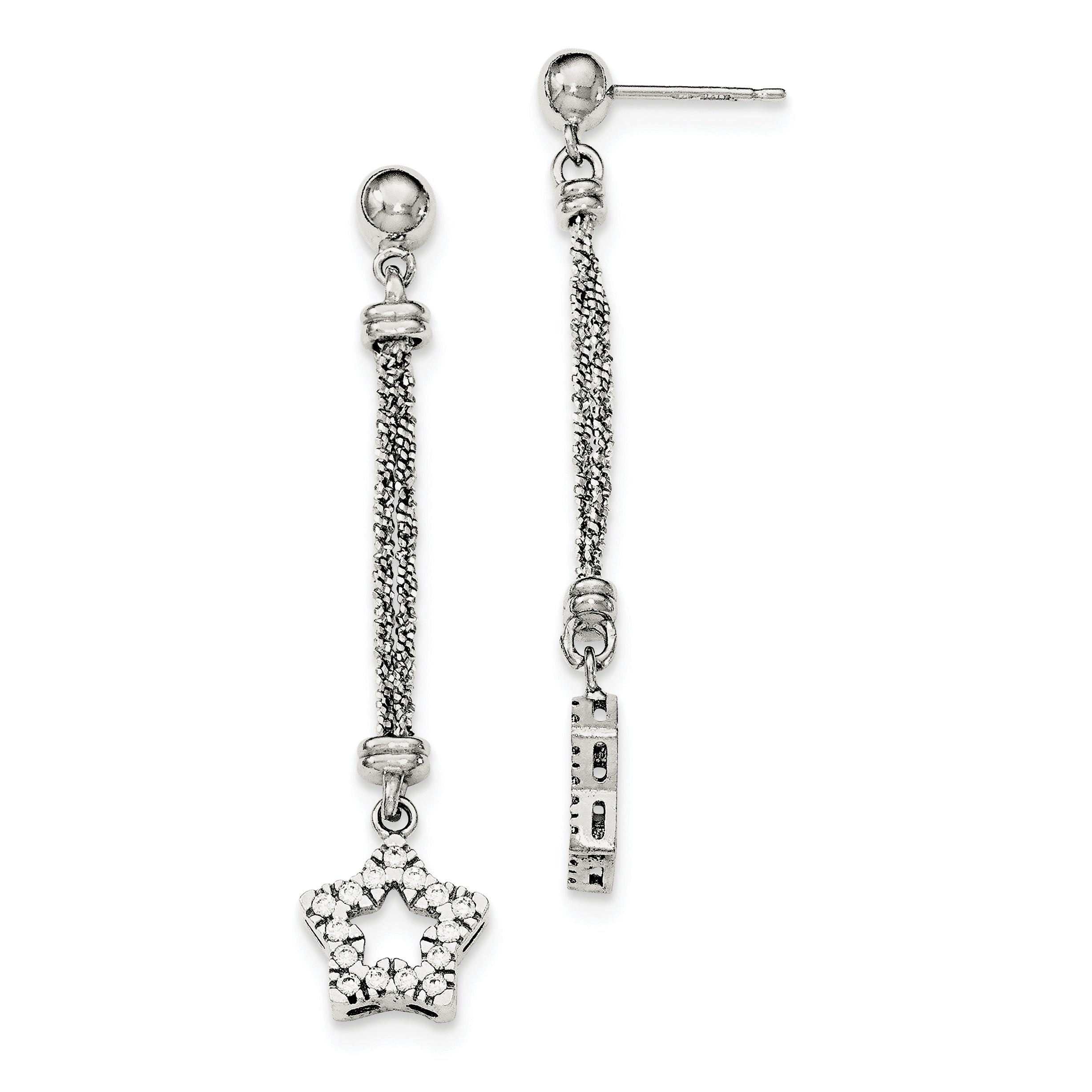 Sterling Silver Cz Star 2 Strand Diamond Cut Post Dangle Earrings