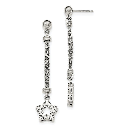 Sterling Silver Cz Star 2 Strand Diamond Cut Post Dangle Earrings