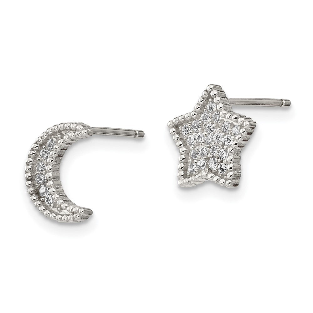 Sterling Silver Rhodium-Plated Polished Cz Moon And Star Post Earrings