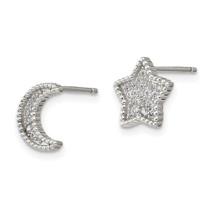 Sterling Silver Rhodium-Plated Polished Cz Moon And Star Post Earrings