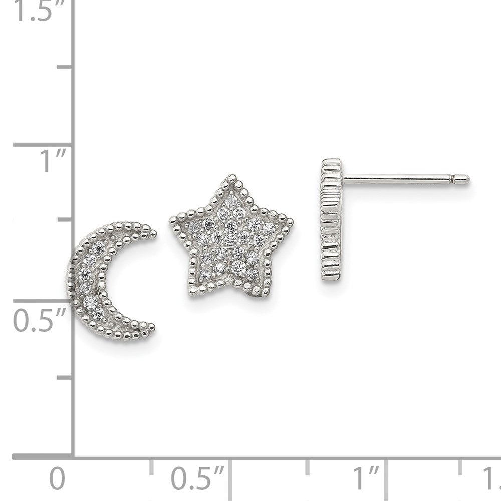 Sterling Silver Rhodium-Plated Polished Cz Moon And Star Post Earrings