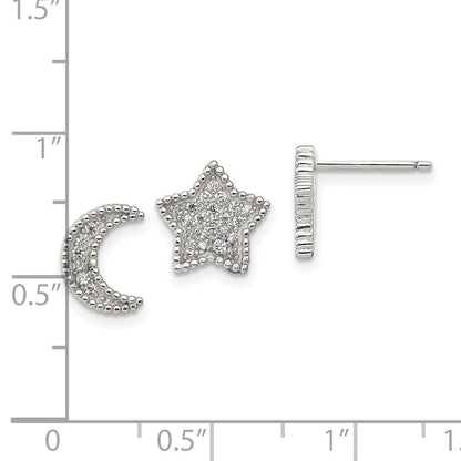 Sterling Silver Rhodium-Plated Polished Cz Moon And Star Post Earrings
