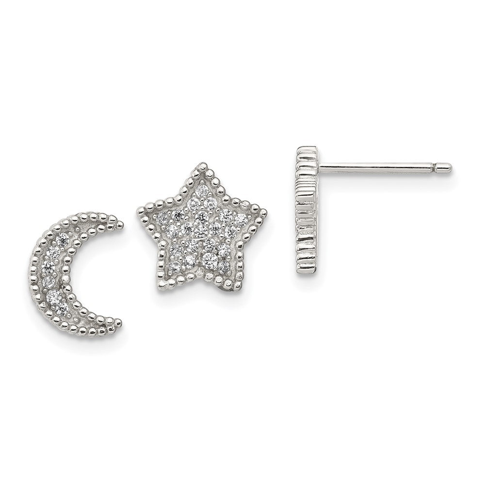 Sterling Silver Rhodium-Plated Polished Cz Moon And Star Post Earrings