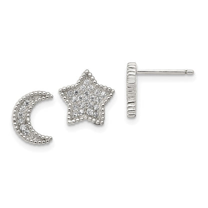 Sterling Silver Rhodium-Plated Polished Cz Moon And Star Post Earrings