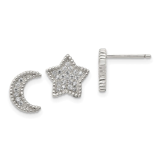 Sterling Silver Rhodium-Plated Polished Cz Moon And Star Post Earrings