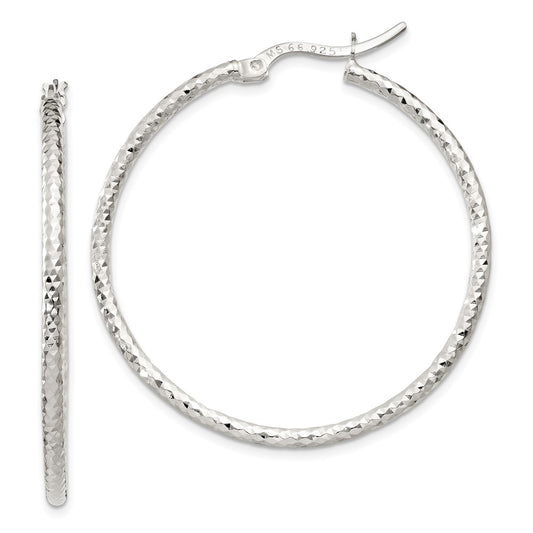 Sterling Silver Polished Diamond-Cut 2mm Round Hoop Earrings