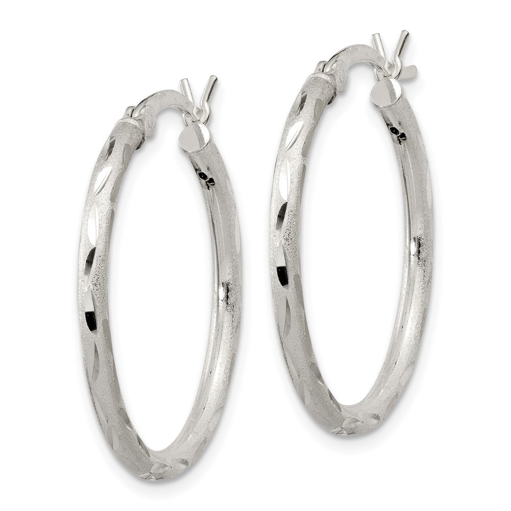 Sterling Silver Satin Diamond-Cut 2X25mm Hoop Earrings