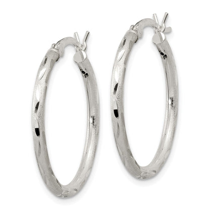Sterling Silver Satin Diamond-Cut 2X25mm Hoop Earrings