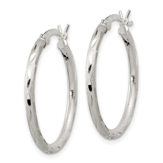 Sterling Silver Satin Diamond-Cut 2X25mm Hoop Earrings