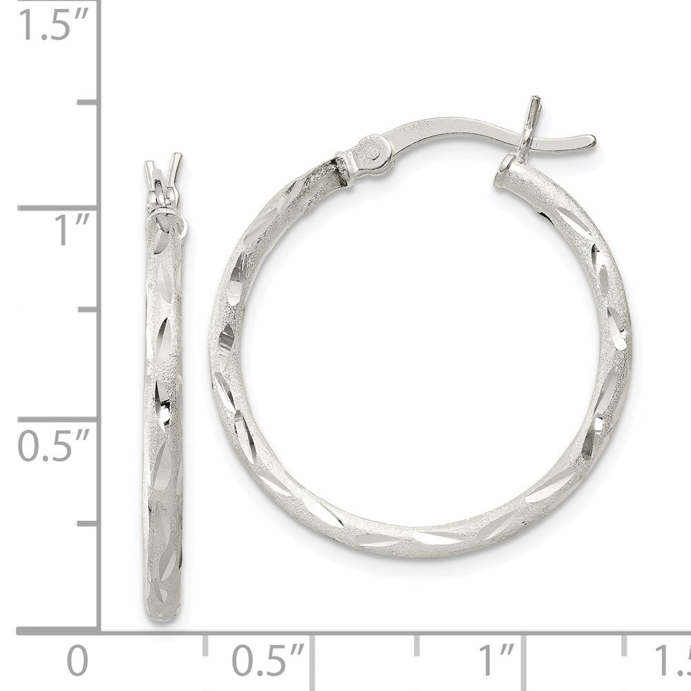Sterling Silver Satin Diamond-Cut 2X25mm Hoop Earrings
