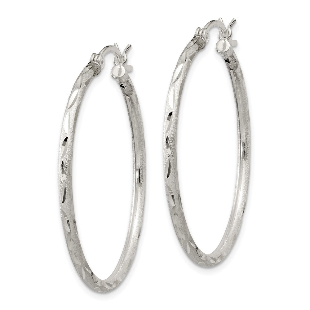 Sterling Silver Satin Diamond-Cut 2X35mm Hoop Earrings