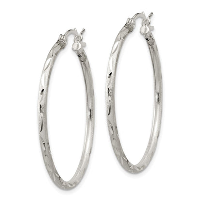 Sterling Silver Satin Diamond-Cut 2X35mm Hoop Earrings