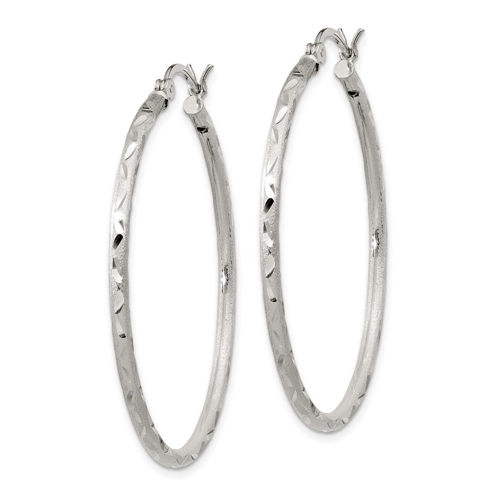 Sterling Silver Satin Diamond-Cut 2X40mm Hoop Earrings