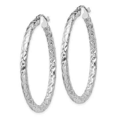 Sterling Silver Rhodium-Plated Textured 3X40mm Hoop Earrings
