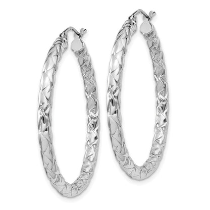 Sterling Silver Rhodium-Plated Textured 3X35mm Hoop Earrings