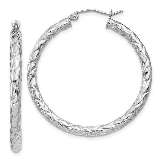 Sterling Silver Rhodium-Plated Textured 3X35mm Hoop Earrings
