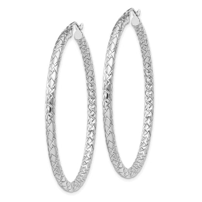 Sterling Silver Rhodium-Plated Textured 3X50mm Hoop Earrings