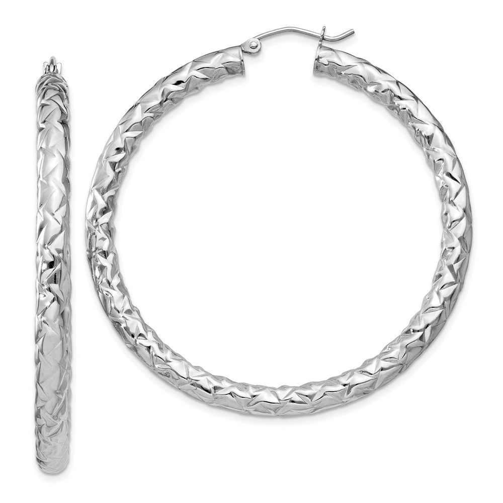 Sterling Silver Rhodium-Plated Textured 4X50mm Hoop Earrings