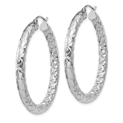 Sterling Silver Rhodium-Plated Textured 4X40mm Hoop Earrings